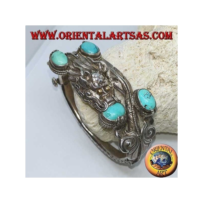 Bracelet in rigid silver, Dragon with natural turquoise handmade with a handcuff opening