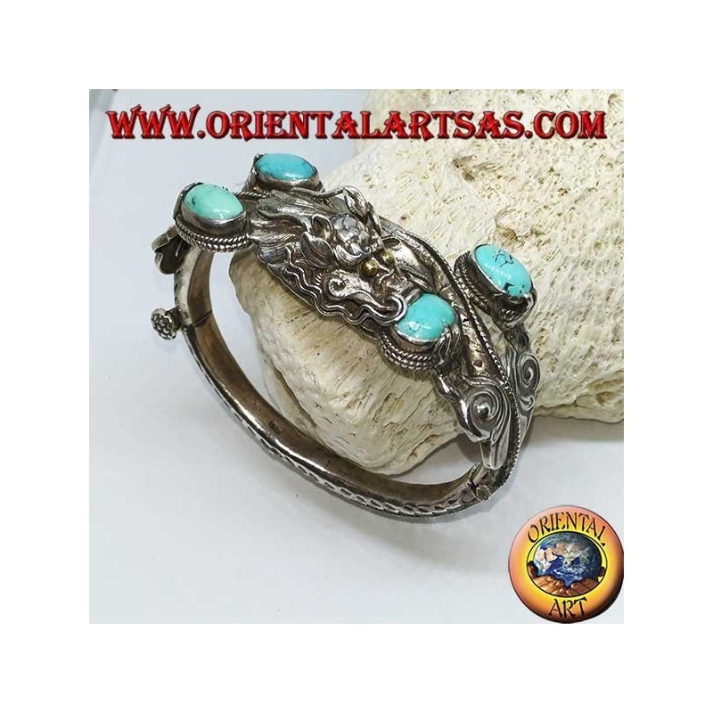 Bracelet in rigid silver, Dragon with natural turquoise handmade with a handcuff opening