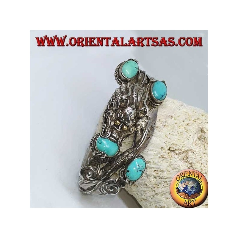Bracelet en argent rigide, Dragon avec turquoise naturelle fait à la main avec une ouverture de menottes