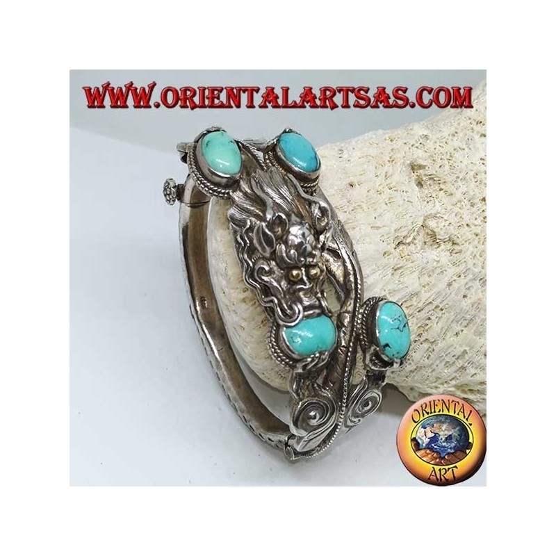 Pulsera en plata rígida, Dragón con turquesa natural hecha a mano con apertura de esposas.