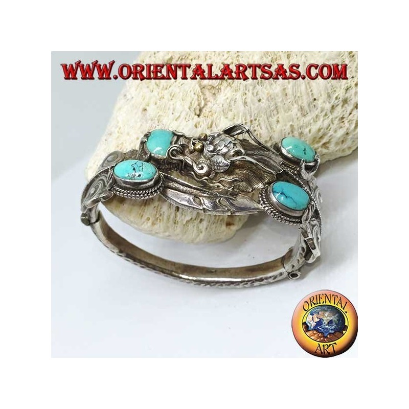 Bracelet en argent rigide, Dragon avec turquoise naturelle fait à la main avec une ouverture de menottes