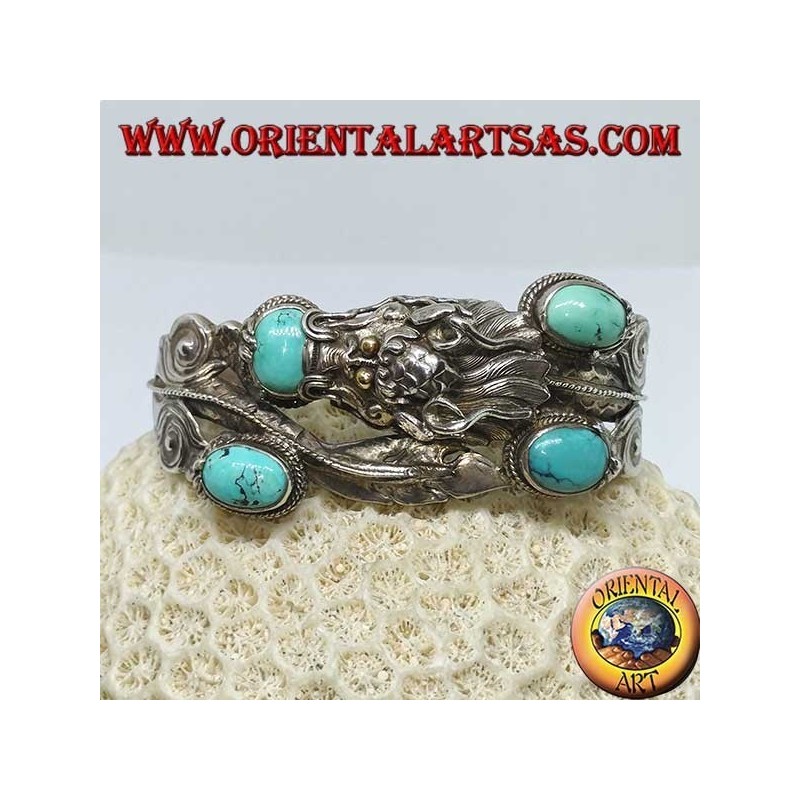 Bracelet en argent rigide, Dragon avec turquoise naturelle fait à la main avec une ouverture de menottes