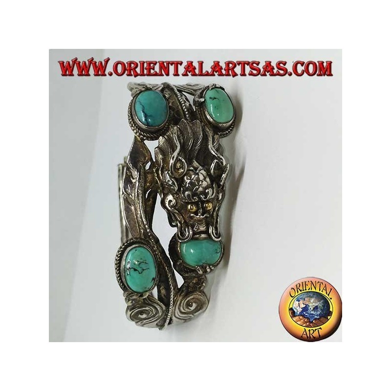 Bracelet in rigid silver, Dragon with natural turquoise handmade with a handcuff opening