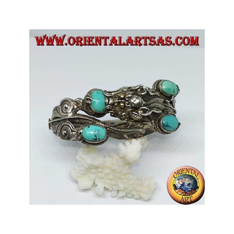 Pulsera en plata rígida, Dragón con turquesa natural hecha a mano con apertura de esposas.