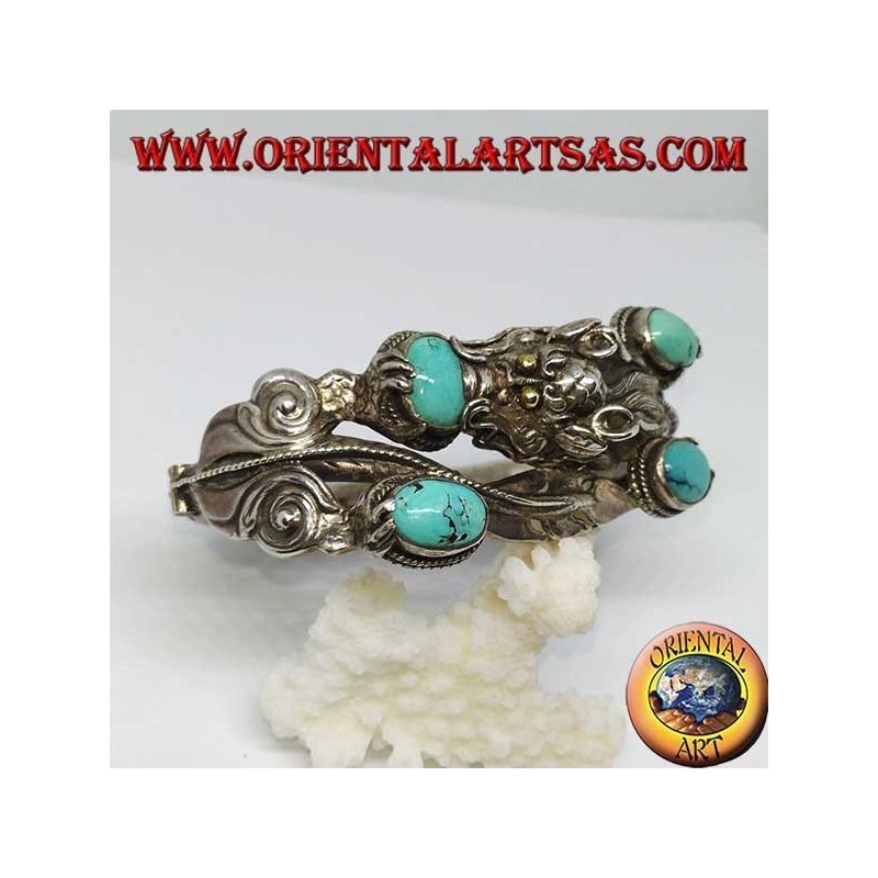 Pulsera en plata rígida, Dragón con turquesa natural hecha a mano con apertura de esposas.