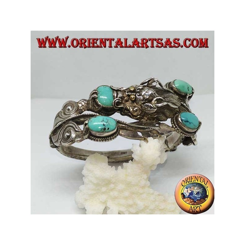 Bracelet in rigid silver, Dragon with natural turquoise handmade with a handcuff opening