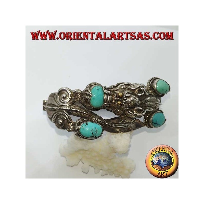 Pulsera en plata rígida, Dragón con turquesa natural hecha a mano con apertura de esposas.