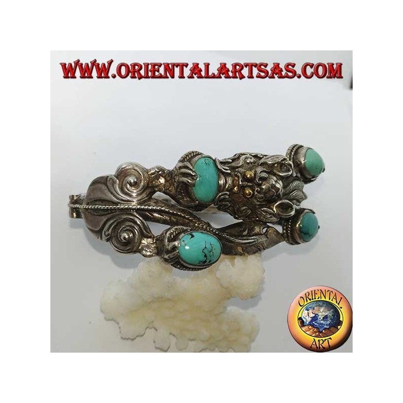 Bracelet in rigid silver, Dragon with natural turquoise handmade with a handcuff opening