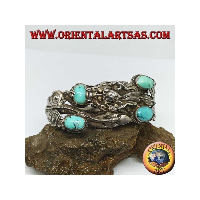 Pulsera en plata rígida, Dragón con turquesa natural hecha a mano con apertura de esposas.