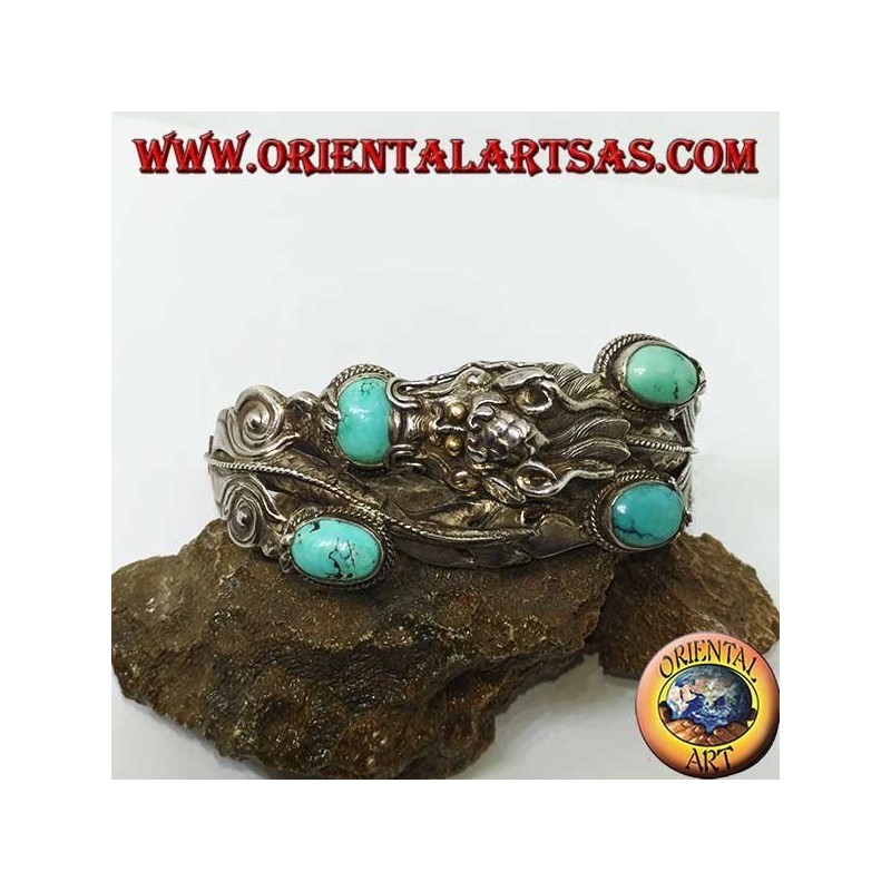 Bracelet in rigid silver, Dragon with natural turquoise handmade with a handcuff opening