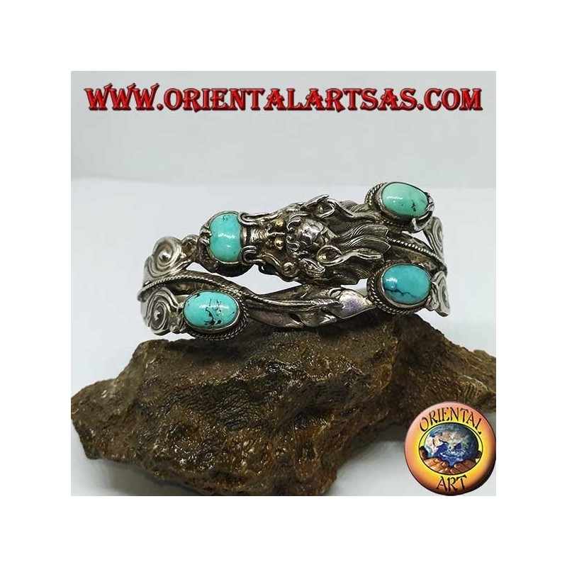 Pulsera en plata rígida, Dragón con turquesa natural hecha a mano con apertura de esposas.