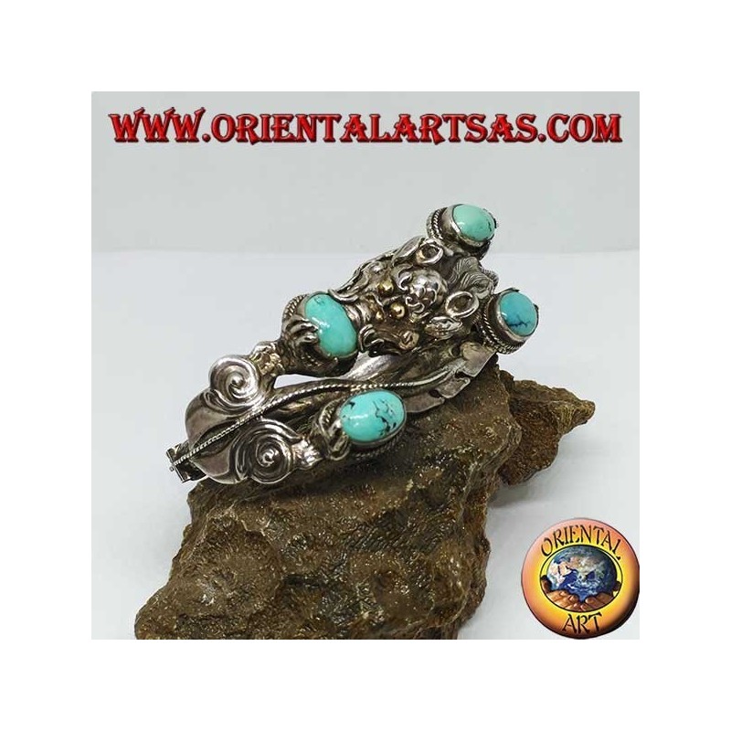 Bracelet in rigid silver, Dragon with natural turquoise handmade with a handcuff opening