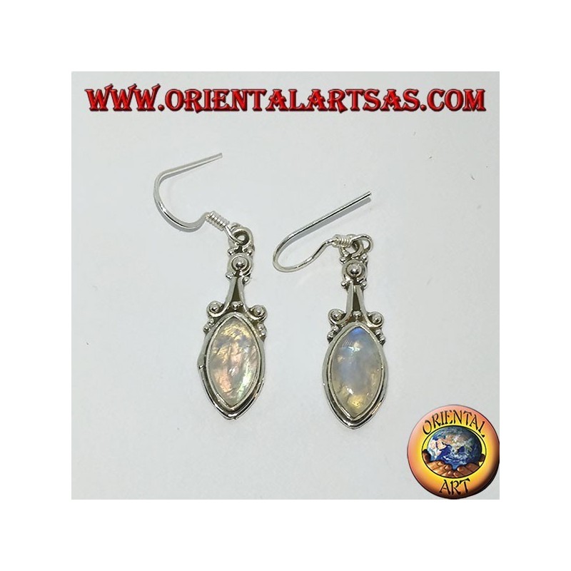 Silver pendant earrings with rainbow shuttle moonstone