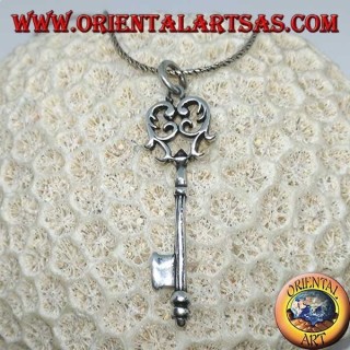 925 sterling silver pendant shaped like a baroque key with an ornate scroll-design bow.