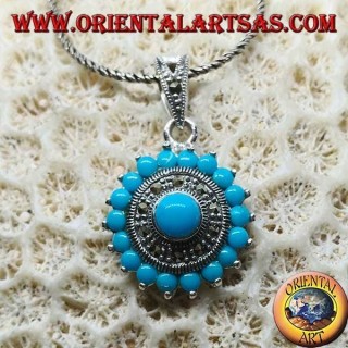 Pendentif rond en argent avec turquoise ronde et marcassites