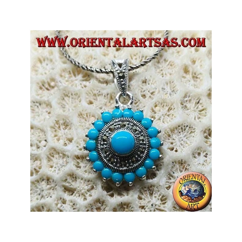 Pendentif rond en argent avec turquoise ronde et marcassites