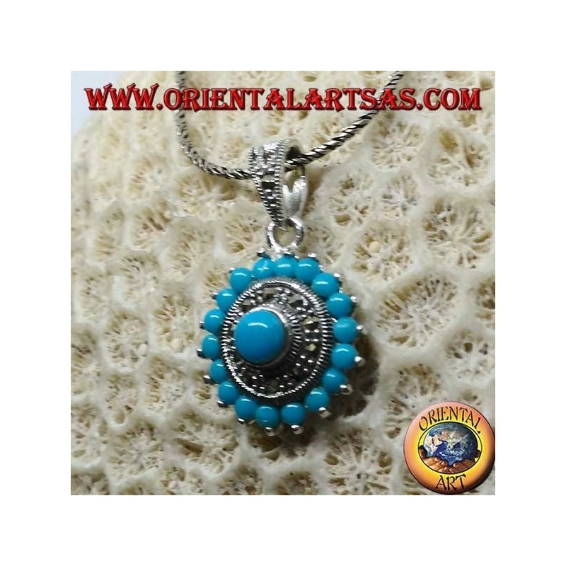 Pendentif rond en argent avec turquoise ronde et marcassites