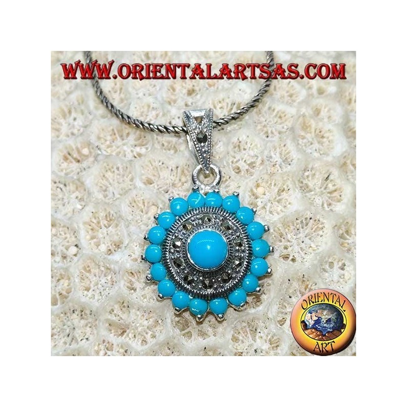 Round silver pendant with round turquoise and marcassites