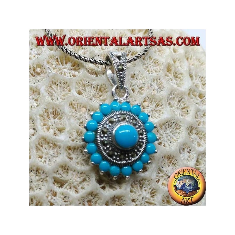 Pendentif rond en argent avec turquoise ronde et marcassites