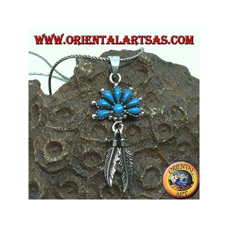 Silver pendant with turquoise and 2 Native American style feathers