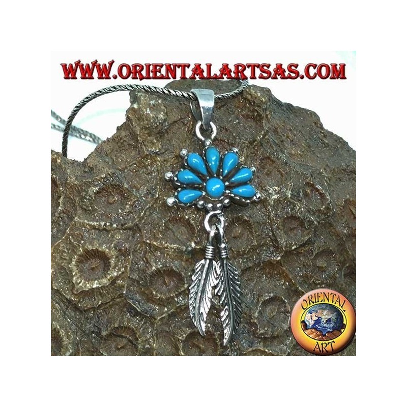 Silver pendant with turquoise and 2 Native American style feathers
