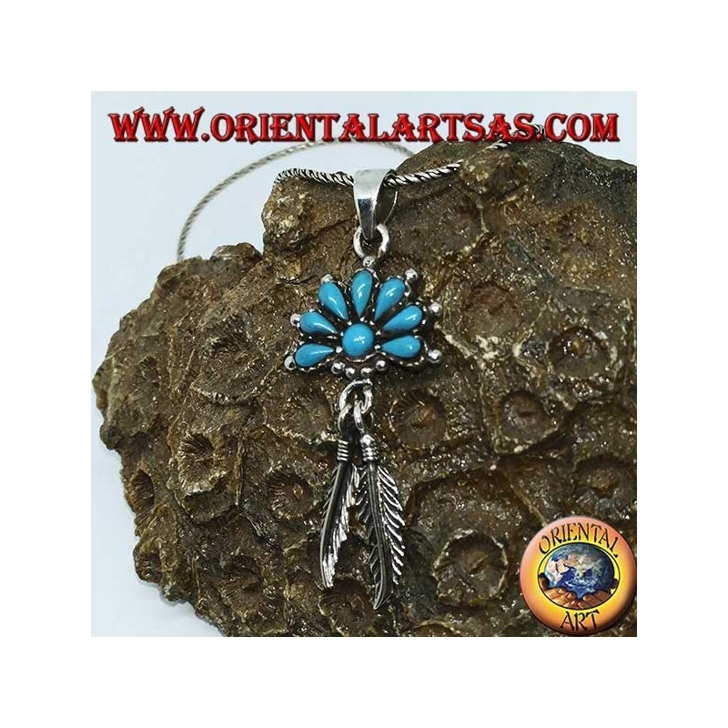 Silver pendant with turquoise and 2 Native American style feathers