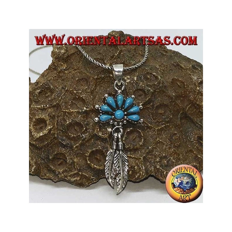 Silver pendant with turquoise and 2 Native American style feathers