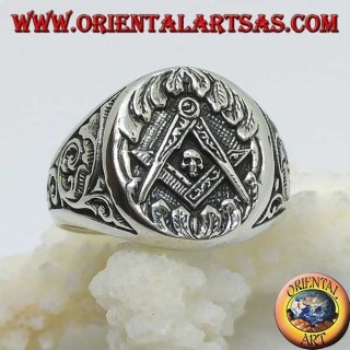 anillo de plata, símbolo Mason brújula equipo y el cráneo