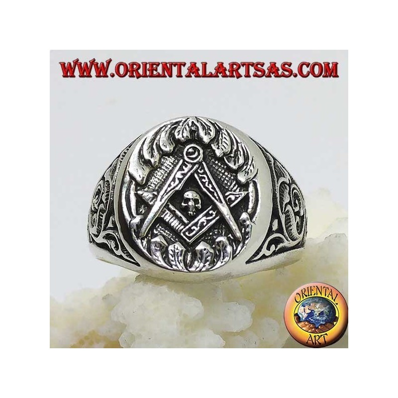 anillo de plata, símbolo Mason brújula equipo y el cráneo