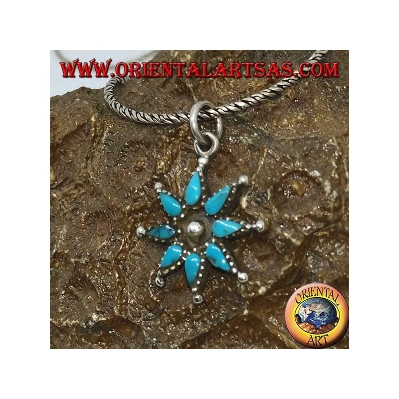 Eight-pointed silver star pendant with turquoise