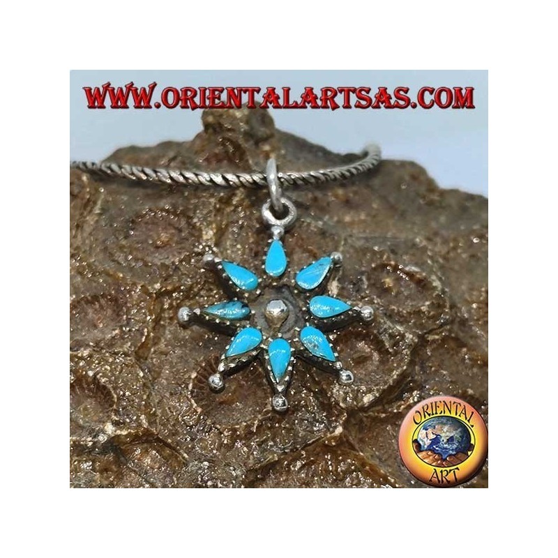 Eight-pointed silver star pendant with turquoise