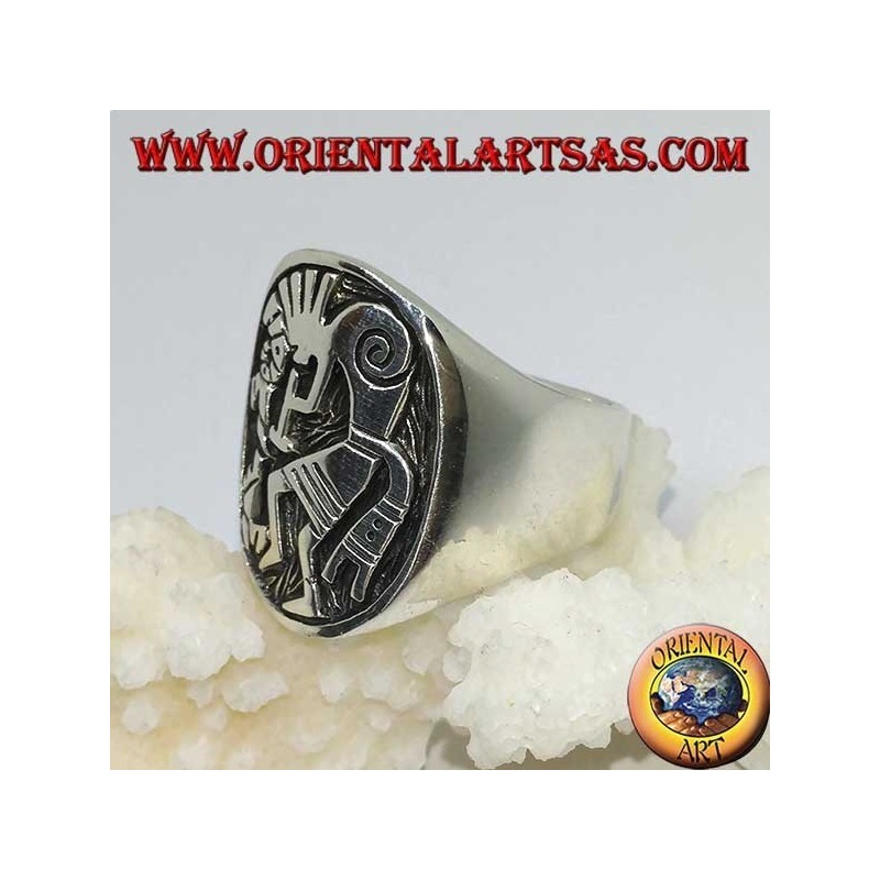 Bague en argent bas relief Kokopelli, symbole du bonheur