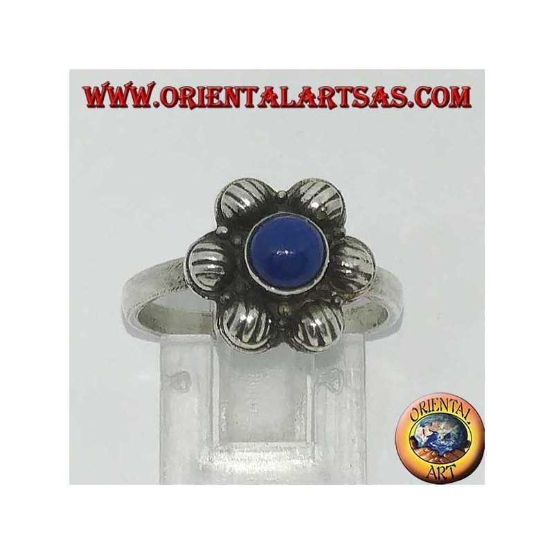 Bague fleur en argent avec lapis lazuli naturel rond et central