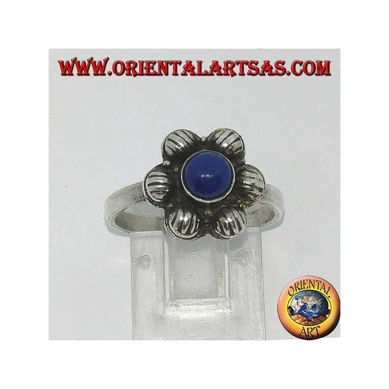 Anillo de flores de plata con lapislázuli natural redondo central