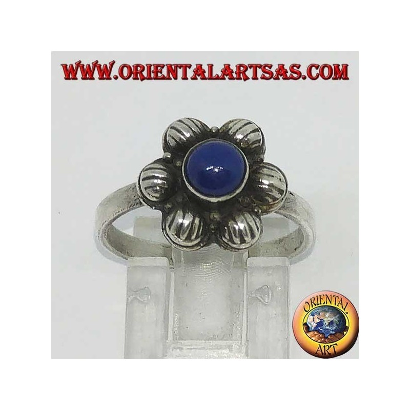 Bague fleur en argent avec lapis lazuli naturel rond et central