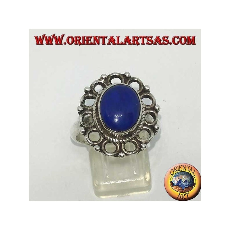 Bague en argent avec lapis-lazuli ovale naturel entouré de cercles
