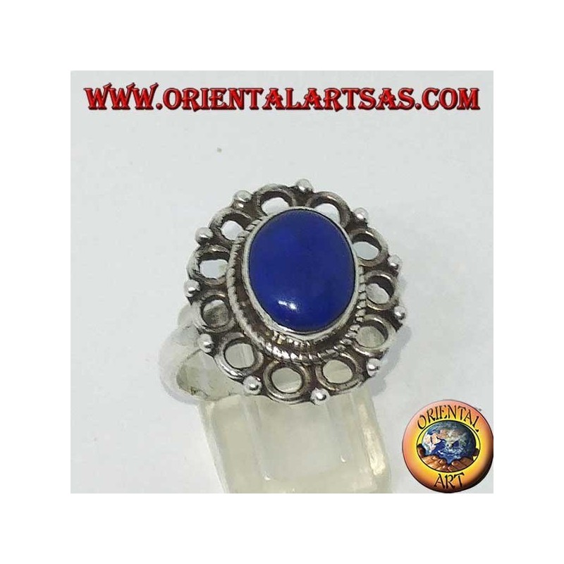 Bague en argent avec lapis-lazuli ovale naturel entouré de cercles