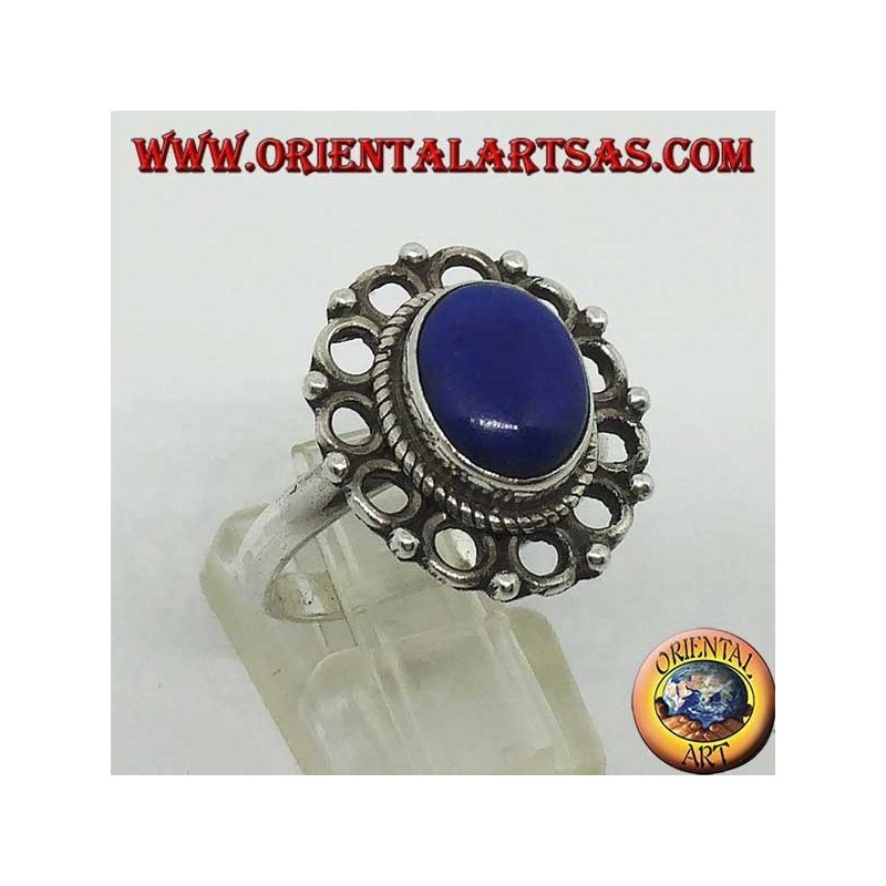 Bague en argent avec lapis-lazuli ovale naturel entouré de cercles