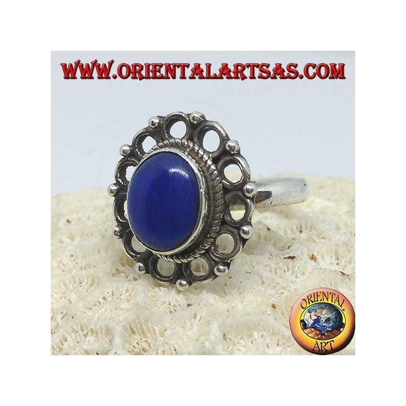 Silberring mit natürlichem ovalem Lapislazuli, umgeben von Kreisen