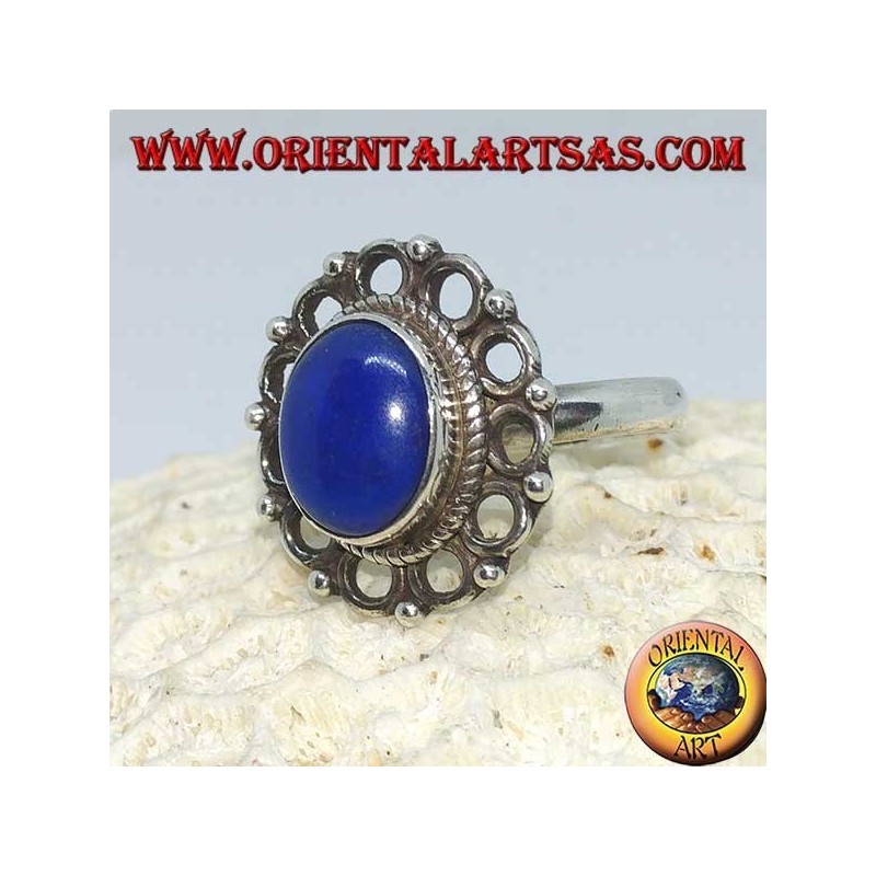 Anillo de plata con lapislázuli ovalado natural rodeado de círculos