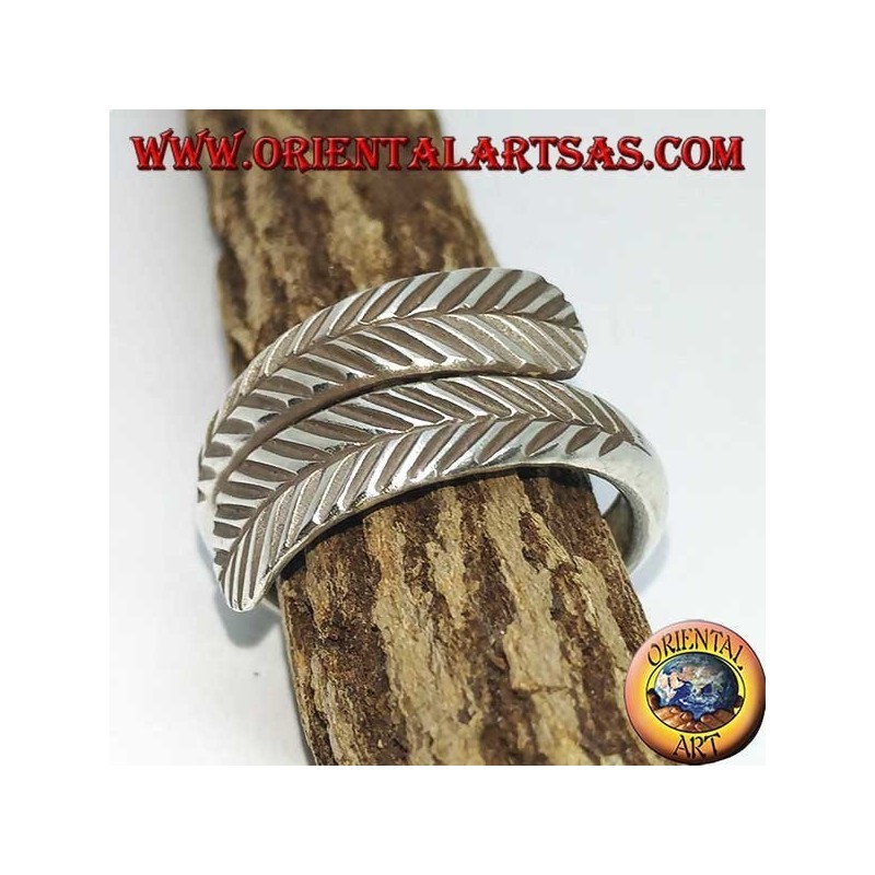 Anillo de plata doble pluma ajustable, símbolo de purificación.