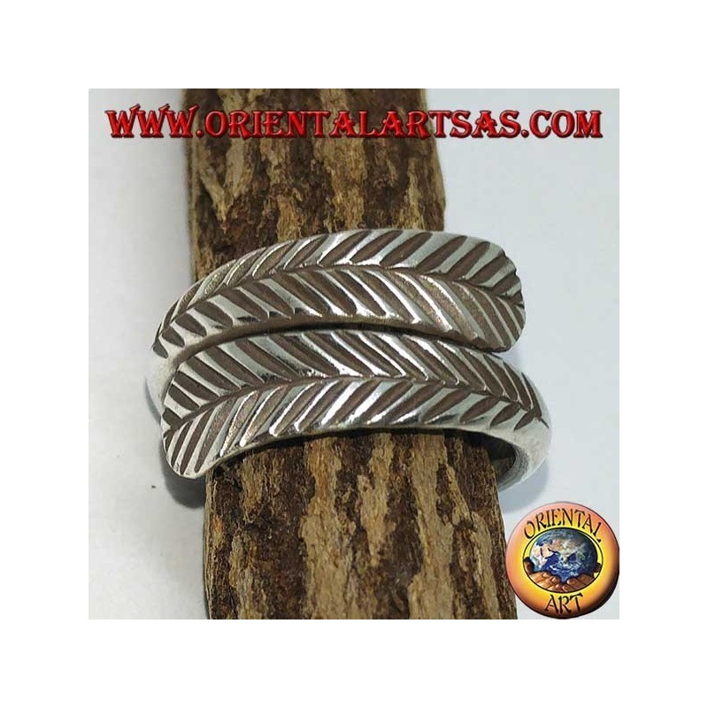 Anillo de plata doble pluma ajustable, símbolo de purificación.