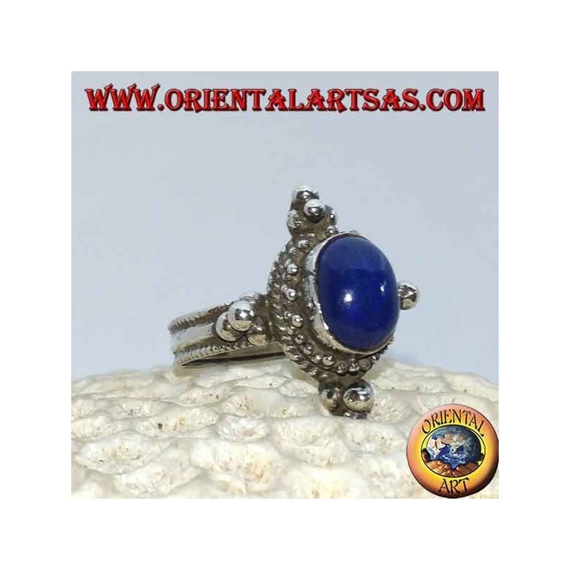 Silver ring with oval lapis lazuli, surrounded by dots