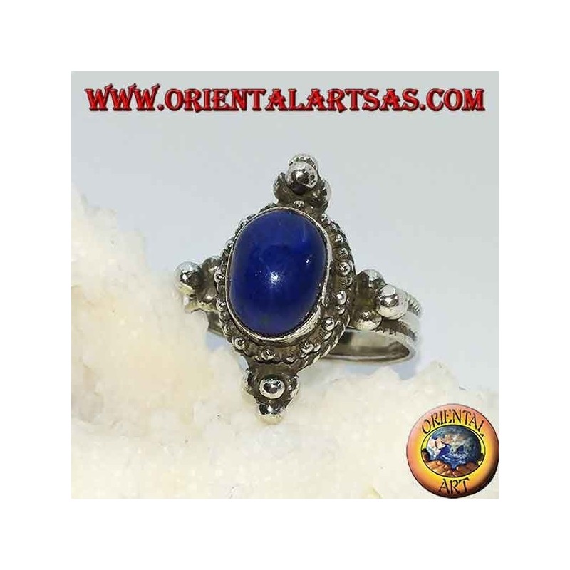 Silver ring with oval lapis lazuli, surrounded by dots