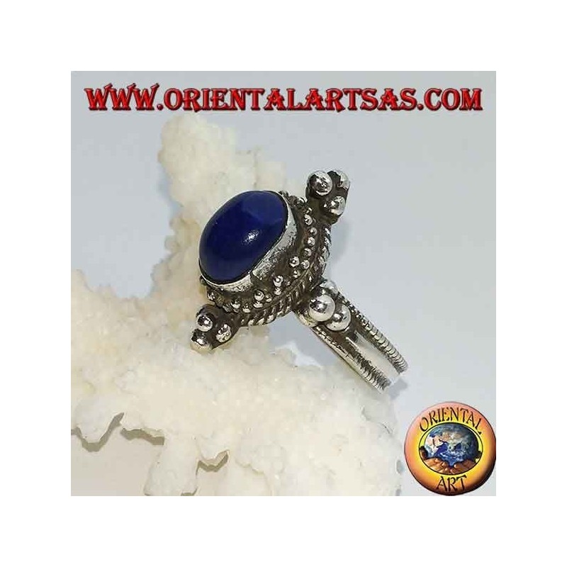 Silver ring with oval lapis lazuli, surrounded by dots