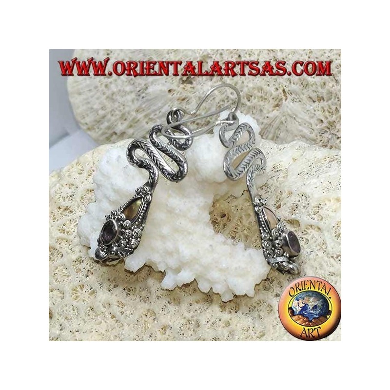 Orecchini in argento forma di cobra con Ametista ovale sfaccettata e lamina in oro