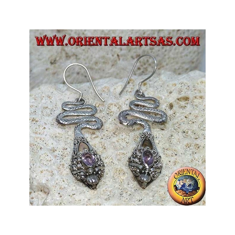 Orecchini in argento forma di cobra con Ametista ovale sfaccettata e lamina in oro
