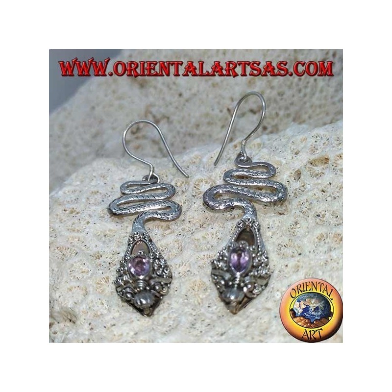 Boucles d'oreilles en argent en forme de cobra avec améthyste ovale à facettes et feuille d'or