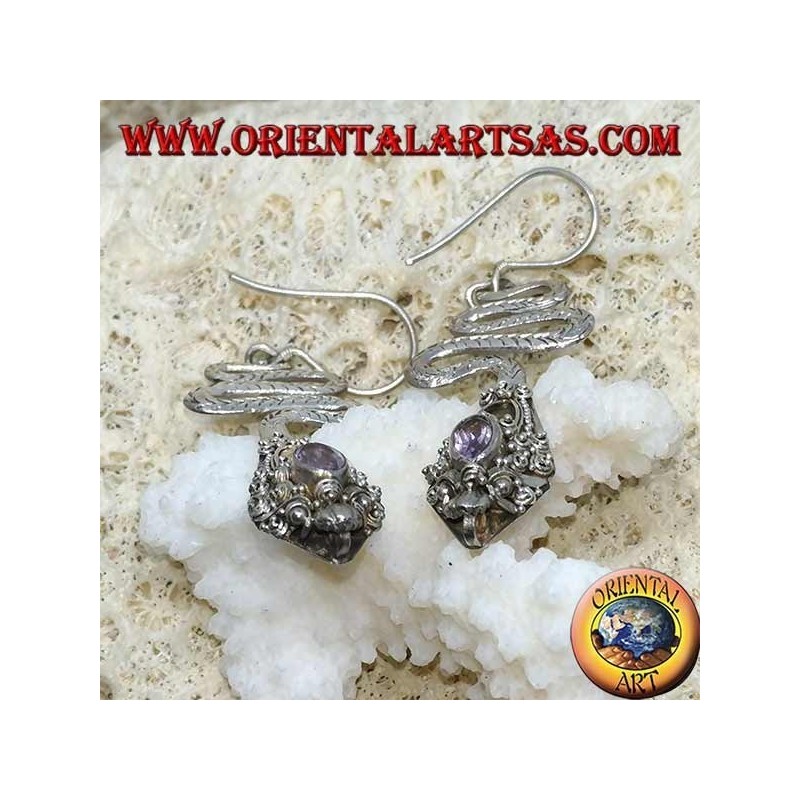 Cobra-shaped silver earrings with faceted oval Amethyst and gold foil