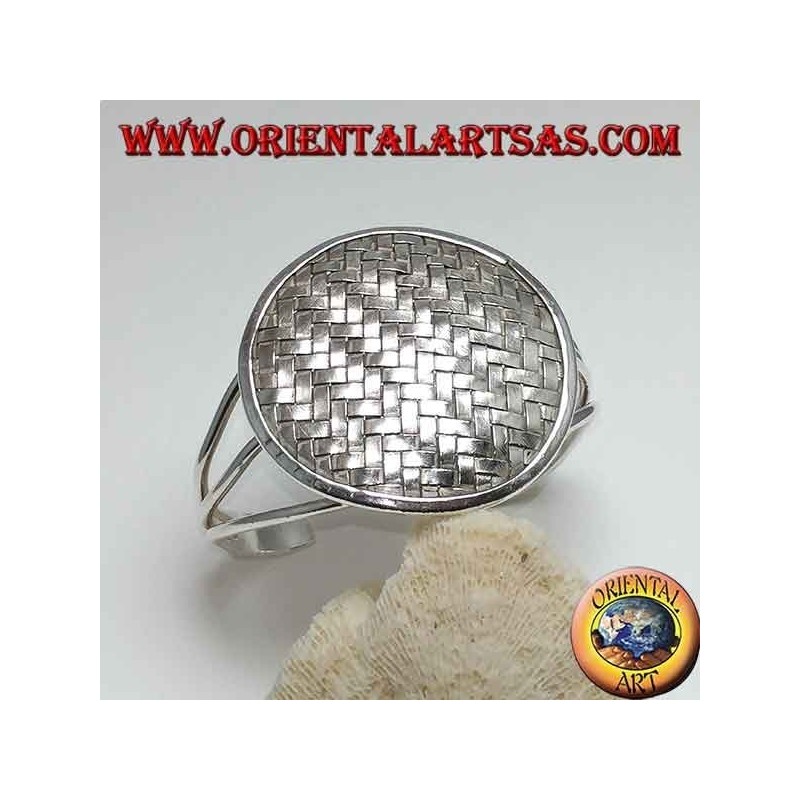 Silver bangle, round shield with intertwined bands